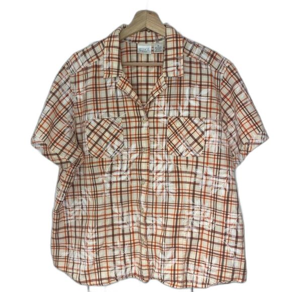 Erika Plaid Cotton Button up Orange Brown Beige Short Sleeve Shirt… - Picture 1 of 8